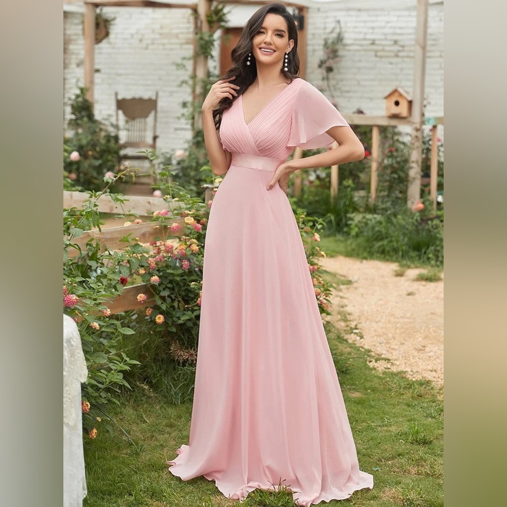 Ever-Pretty Long Empire Waist Bridesmaid Dress with Short Flutter Sleeves